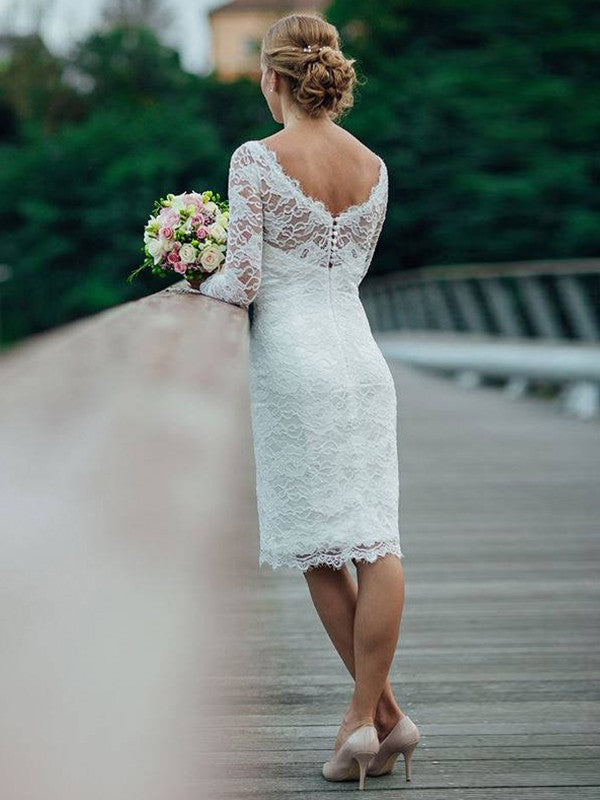 Wholesale Sheath/Column Lace Scoop Long Sleeves Knee-Length Wedding Dresses